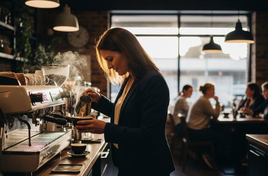 An inspiring wide-angle shot showcasing a Scoresby small business owner, perhaps a artisan or a cafe owner, authentically engaging with a customer in their beautifully lit local establishment, captured by Image by SD, highlighting the essence of authentic branding photography Scoresby Victoria for small businesses with dramatic, warm ambient light and a shallow depth of field, conveying genuine connection and brand story.