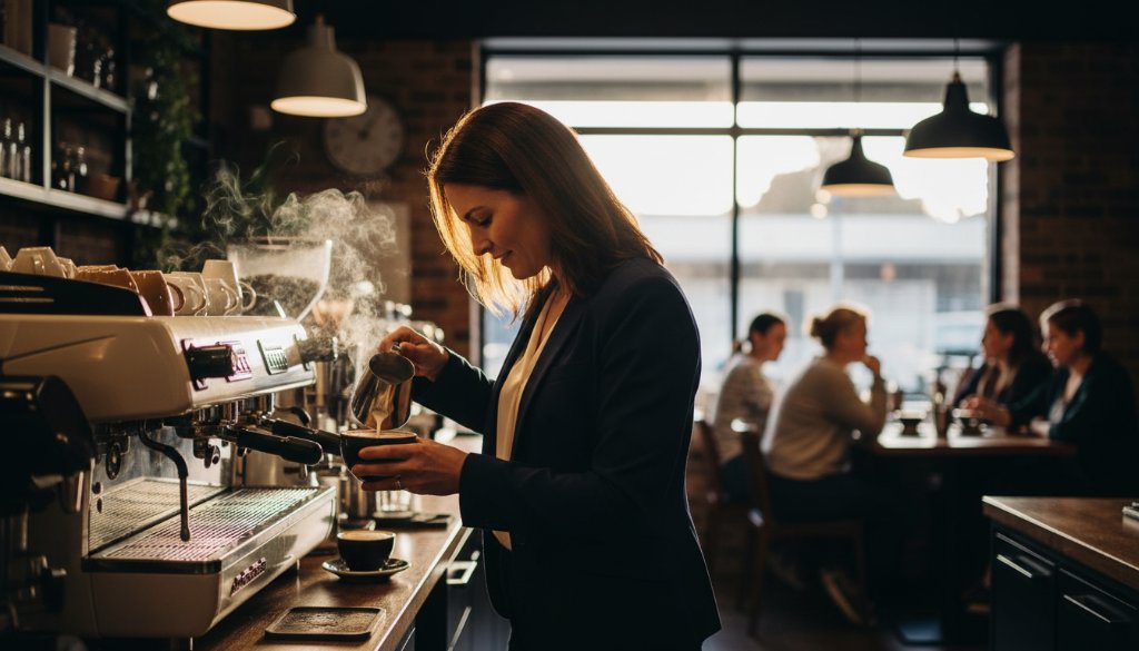 An inspiring wide-angle shot showcasing a Scoresby small business owner, perhaps a artisan or a cafe owner, authentically engaging with a customer in their beautifully lit local establishment, captured by Image by SD, highlighting the essence of authentic branding photography Scoresby Victoria for small businesses with dramatic, warm ambient light and a shallow depth of field, conveying genuine connection and brand story.