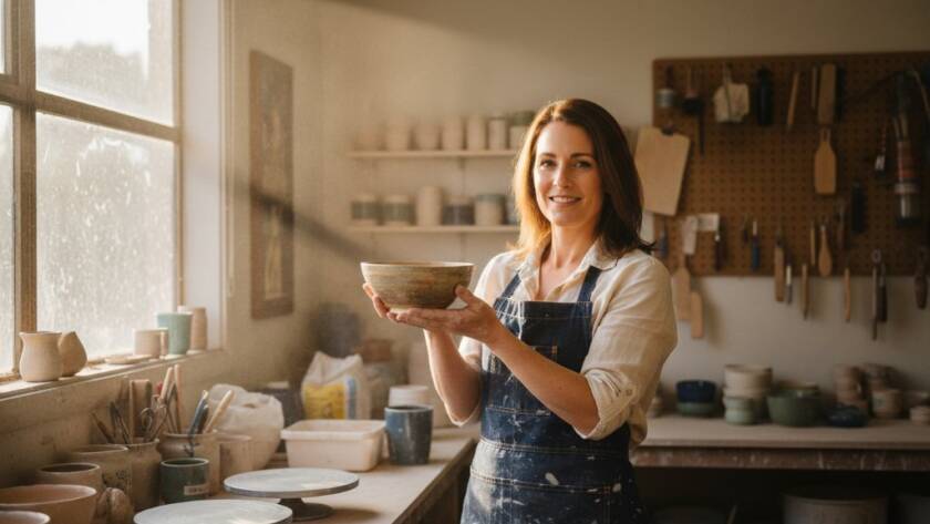 An epic moment captured in authentic branding photography Templestowe Lower Victoria: A passionate local artisan in their workshop, bathed in golden hour light streaming through a window, holding a handcrafted item with pride, conveying dedication and craftsmanship.