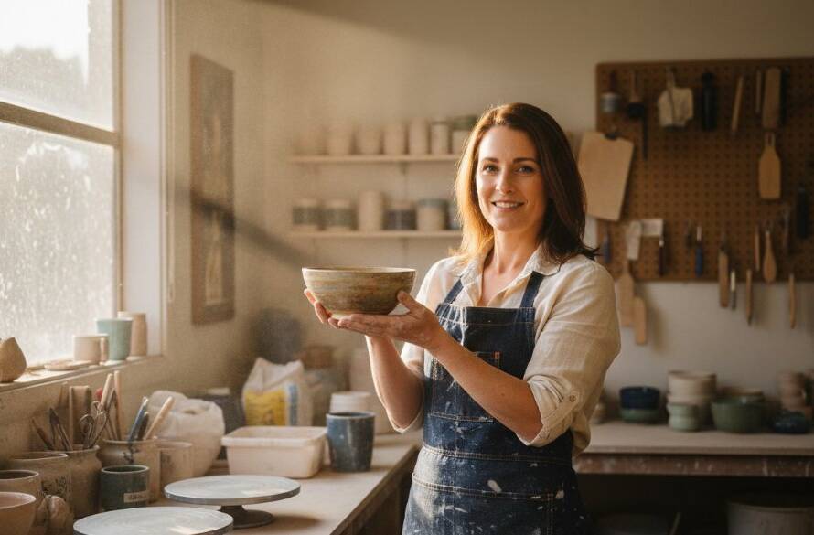An epic moment captured in authentic branding photography Templestowe Lower Victoria: A passionate local artisan in their workshop, bathed in golden hour light streaming through a window, holding a handcrafted item with pride, conveying dedication and craftsmanship.