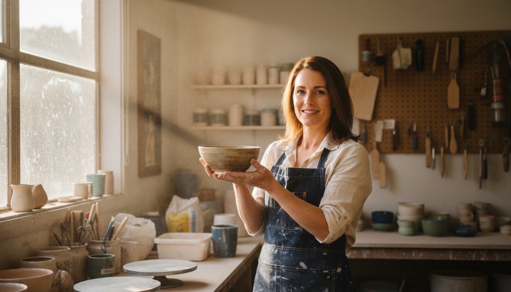 An epic moment captured in authentic branding photography Templestowe Lower Victoria: A passionate local artisan in their workshop, bathed in golden hour light streaming through a window, holding a handcrafted item with pride, conveying dedication and craftsmanship.