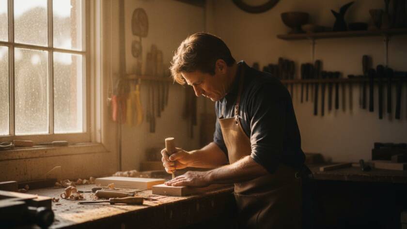 Dramatic, cinematic close-up of a passionate artisan, perhaps a ceramicist or baker, in a rustic, well-lit workshop in The Basin, Victoria. The artisan is intensely focused on their craft, hands covered in clay or flour, with warm, golden hour light streaming through a window, creating strong highlights and shadows. The background shows hints of their unique products, subtly blurred. The shot encapsulates authentic branding photography in The Basin, showcasing dedication and craftsmanship with a professional, colour-graded finish.