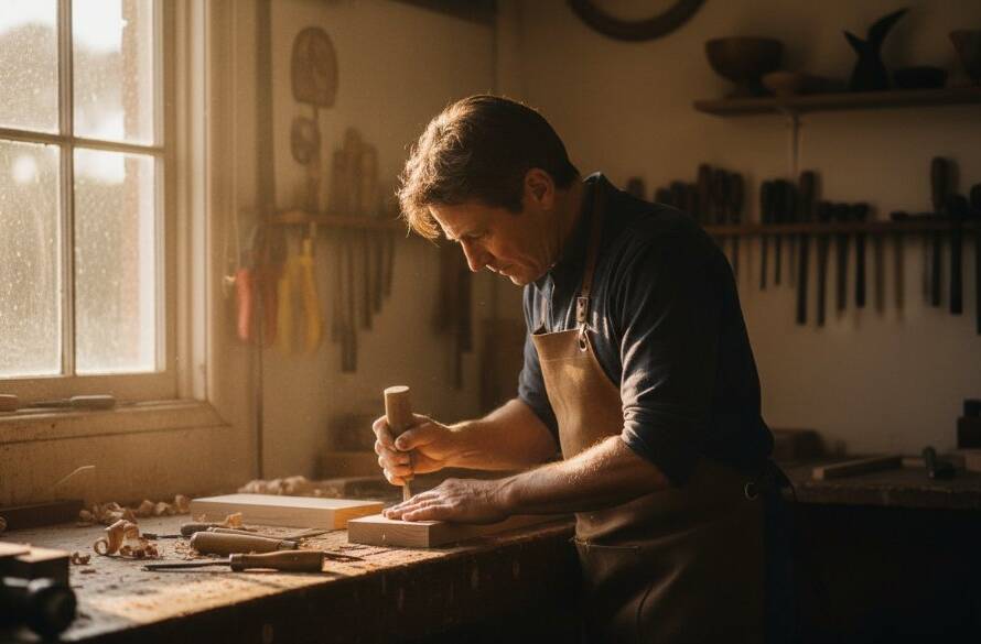 Dramatic, cinematic close-up of a passionate artisan, perhaps a ceramicist or baker, in a rustic, well-lit workshop in The Basin, Victoria. The artisan is intensely focused on their craft, hands covered in clay or flour, with warm, golden hour light streaming through a window, creating strong highlights and shadows. The background shows hints of their unique products, subtly blurred. The shot encapsulates authentic branding photography in The Basin, showcasing dedication and craftsmanship with a professional, colour-graded finish.