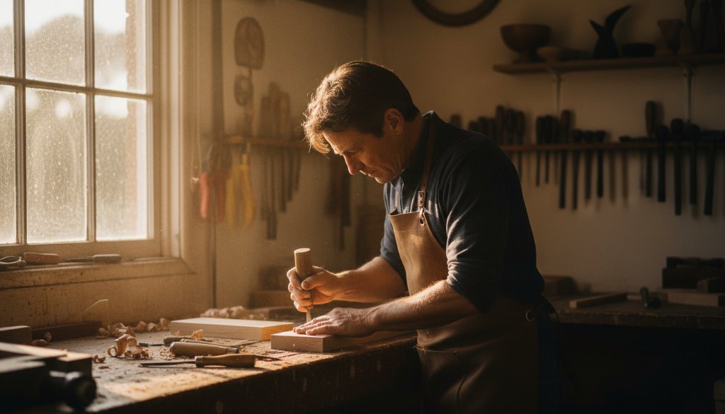 Dramatic, cinematic close-up of a passionate artisan, perhaps a ceramicist or baker, in a rustic, well-lit workshop in The Basin, Victoria. The artisan is intensely focused on their craft, hands covered in clay or flour, with warm, golden hour light streaming through a window, creating strong highlights and shadows. The background shows hints of their unique products, subtly blurred. The shot encapsulates authentic branding photography in The Basin, showcasing dedication and craftsmanship with a professional, colour-graded finish.