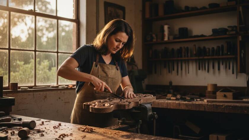 Dramatic, wide-angle cinematic shot for authentic branding photography Warrandyte South artisan stories, showing a skilled female woodcarver in her rustic workshop, intensely focused on her craft, bathed in warm, golden hour light, with sawdust on her hands, capturing the raw essence of her dedication with professional colour grading.