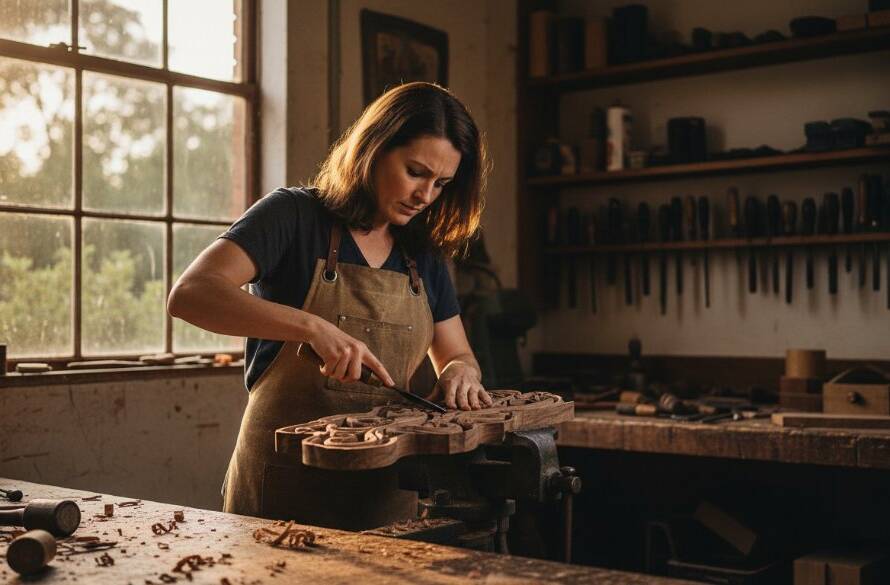 Dramatic, wide-angle cinematic shot for authentic branding photography Warrandyte South artisan stories, showing a skilled female woodcarver in her rustic workshop, intensely focused on her craft, bathed in warm, golden hour light, with sawdust on her hands, capturing the raw essence of her dedication with professional colour grading.