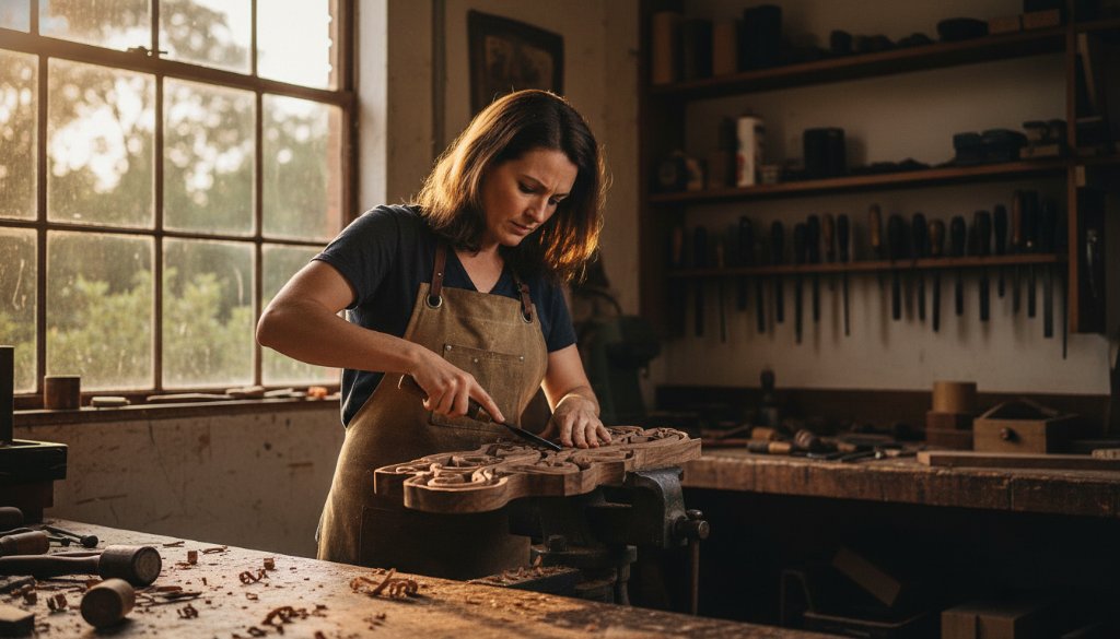 Dramatic, wide-angle cinematic shot for authentic branding photography Warrandyte South artisan stories, showing a skilled female woodcarver in her rustic workshop, intensely focused on her craft, bathed in warm, golden hour light, with sawdust on her hands, capturing the raw essence of her dedication with professional colour grading.