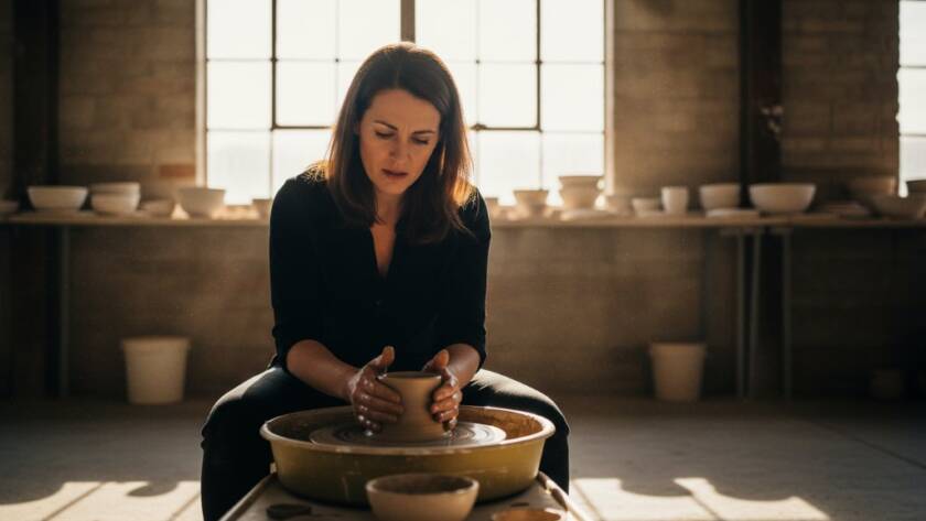 An inspiring and authentic branding photography Williamstown North hero shot: A local artisan, brightly lit by golden hour sunlight streaming through a warehouse window in Williamstown North, passionately crafting a bespoke item, showcasing their skill and brand essence with dramatic depth of field and professional colour grading.