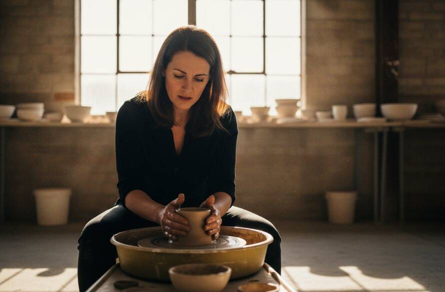 An inspiring and authentic branding photography Williamstown North hero shot: A local artisan, brightly lit by golden hour sunlight streaming through a warehouse window in Williamstown North, passionately crafting a bespoke item, showcasing their skill and brand essence with dramatic depth of field and professional colour grading.