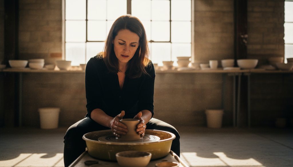 An inspiring and authentic branding photography Williamstown North hero shot: A local artisan, brightly lit by golden hour sunlight streaming through a warehouse window in Williamstown North, passionately crafting a bespoke item, showcasing their skill and brand essence with dramatic depth of field and professional colour grading.
