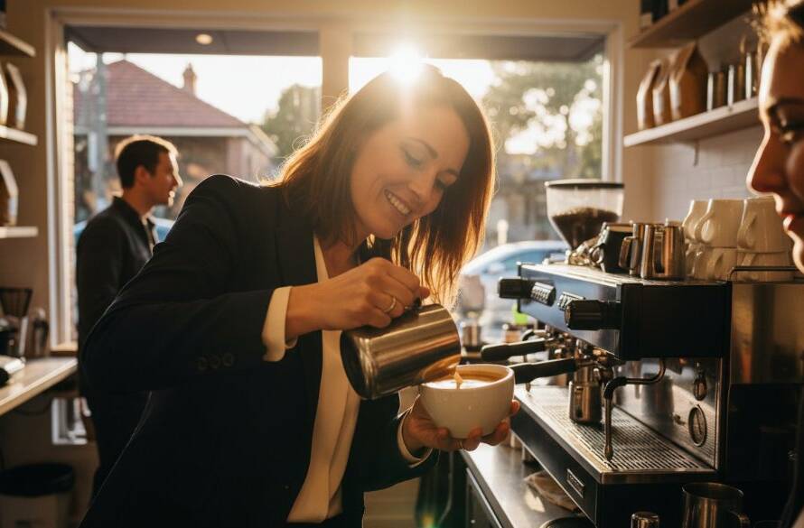 An inspiring overhead shot showcasing authentic Brighton East advertising photography for brands, featuring a local cafe owner proudly presenting a freshly brewed artisan coffee to a customer in the sun-drenched outdoor seating area of a Brighton East street, capturing a genuine, bustling moment with vibrant colours and a shallow depth of field, emphasising the product and service.