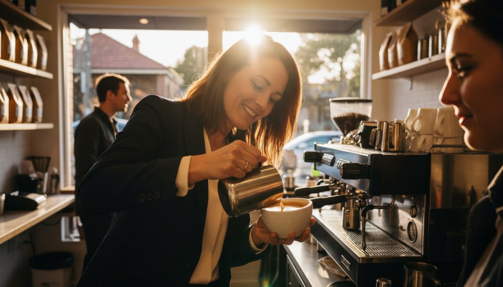 An inspiring overhead shot showcasing authentic Brighton East advertising photography for brands, featuring a local cafe owner proudly presenting a freshly brewed artisan coffee to a customer in the sun-drenched outdoor seating area of a Brighton East street, capturing a genuine, bustling moment with vibrant colours and a shallow depth of field, emphasising the product and service.