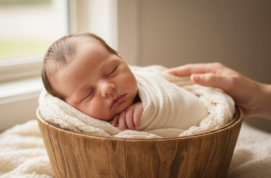 An intimate and tender close-up of a sleeping newborn baby's tiny feet being gently held by a parent's hands, bathed in soft, warm light, embodying authentic Brookfield newborn photography Victoria.