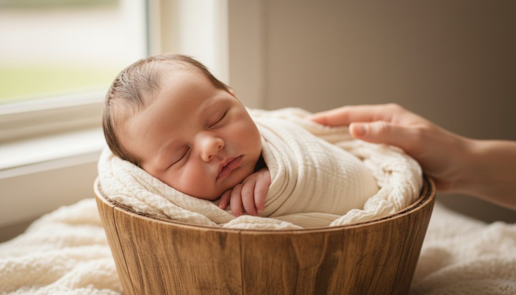 An intimate and tender close-up of a sleeping newborn baby's tiny feet being gently held by a parent's hands, bathed in soft, warm light, embodying authentic Brookfield newborn photography Victoria.