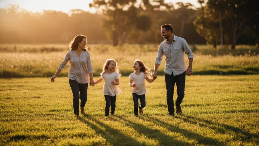 A heartwarming, sun-drenched photograph of an Australian family laughing joyfully in a Bulleen park, illustrating authentic Bulleen family photography capturing candid joy, with golden hour light silhouetting their playful interaction.