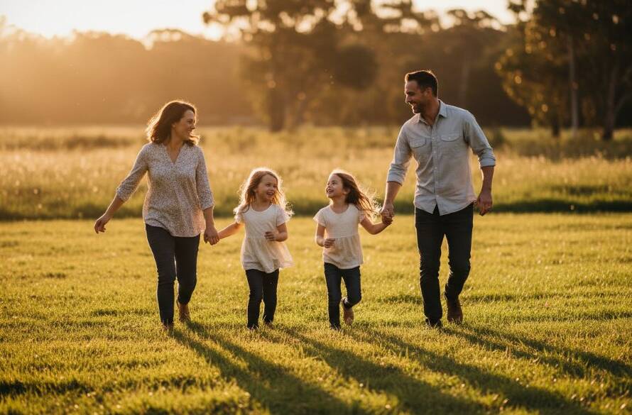 A heartwarming, sun-drenched photograph of an Australian family laughing joyfully in a Bulleen park, illustrating authentic Bulleen family photography capturing candid joy, with golden hour light silhouetting their playful interaction.