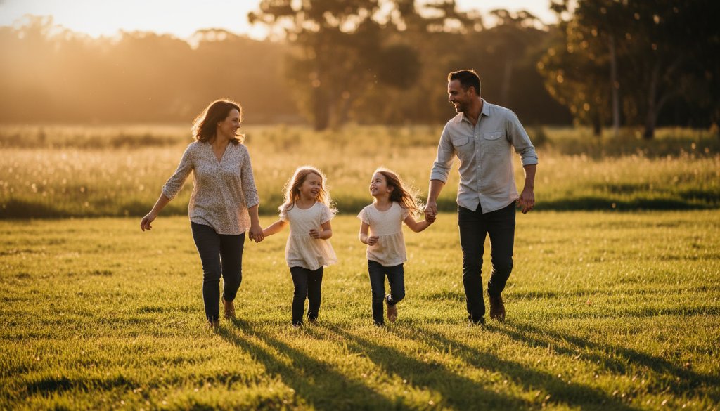 A heartwarming, sun-drenched photograph of an Australian family laughing joyfully in a Bulleen park, illustrating authentic Bulleen family photography capturing candid joy, with golden hour light silhouetting their playful interaction.