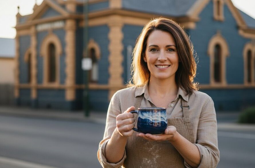An epic moment captured in Buninyong, showing authentic Buninyong branding photography for local businesses, featuring a skilled artisan proudly showcasing their handcrafted products under the golden hour light near the historic Buninyong Town Hall, with dramatic, warm lighting and rich colours.
