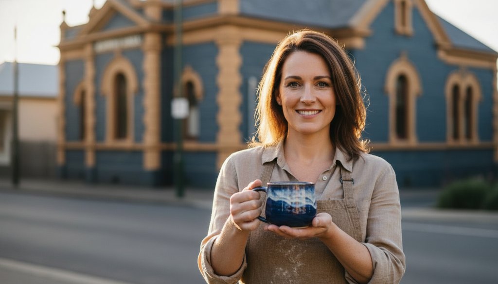 An epic moment captured in Buninyong, showing authentic Buninyong branding photography for local businesses, featuring a skilled artisan proudly showcasing their handcrafted products under the golden hour light near the historic Buninyong Town Hall, with dramatic, warm lighting and rich colours.