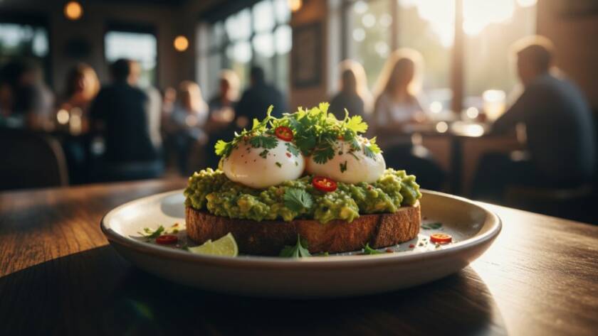 Dramatic close-up of a beautifully styled brunch plate with vibrant avocado toast and perfectly poached eggs, illuminated by a warm, golden morning light filtering into a bustling Mount Waverley cafe, embodying authentic cafe food photography Mount Waverley.
