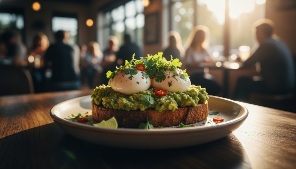 Dramatic close-up of a beautifully styled brunch plate with vibrant avocado toast and perfectly poached eggs, illuminated by a warm, golden morning light filtering into a bustling Mount Waverley cafe, embodying authentic cafe food photography Mount Waverley.