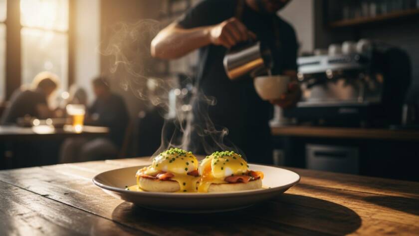 A dramatically lit, close-up shot of a perfectly plated gourmet dish, possibly a vibrant brunch item, on a rustic timber table inside a bustling Melton South cafe, capturing the steam rising from a fresh coffee in the background, showcasing authentic cafe menu photography Melton South.