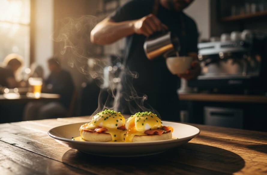 A dramatically lit, close-up shot of a perfectly plated gourmet dish, possibly a vibrant brunch item, on a rustic timber table inside a bustling Melton South cafe, capturing the steam rising from a fresh coffee in the background, showcasing authentic cafe menu photography Melton South.
