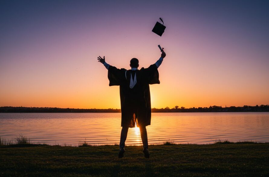 An ecstatic graduate, cap thrown high against a dramatic sunset over Lake Burrumbeet near Canadian, symbolizing achievement and new beginnings, captured with authentic Canadian Victoria graduation photography.