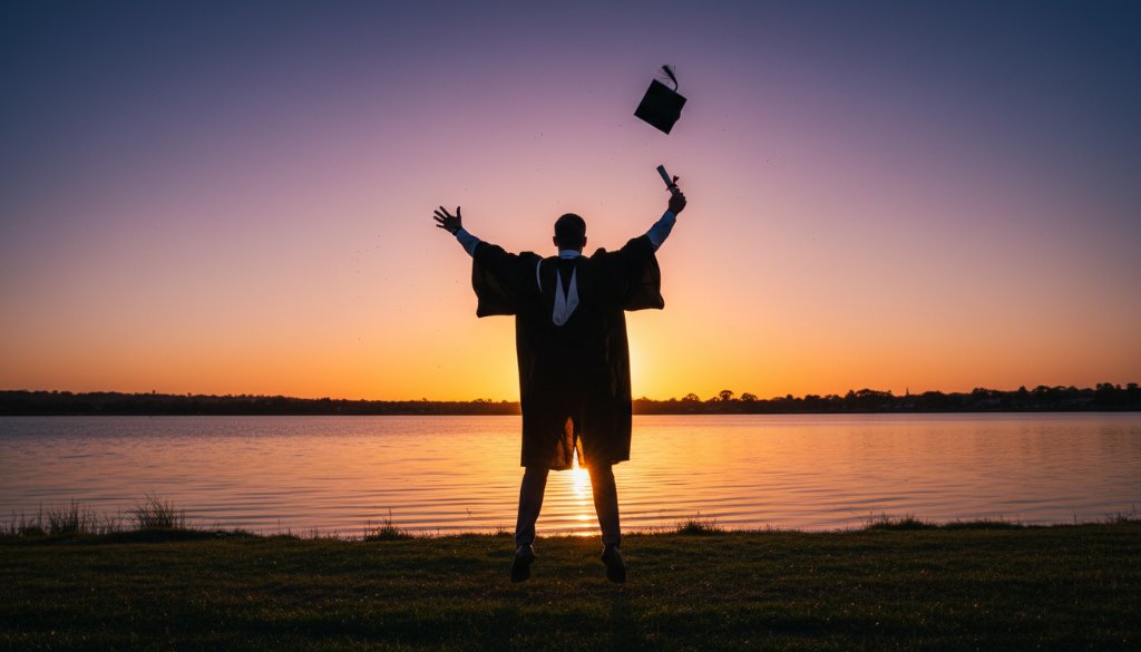 An ecstatic graduate, cap thrown high against a dramatic sunset over Lake Burrumbeet near Canadian, symbolizing achievement and new beginnings, captured with authentic Canadian Victoria graduation photography.