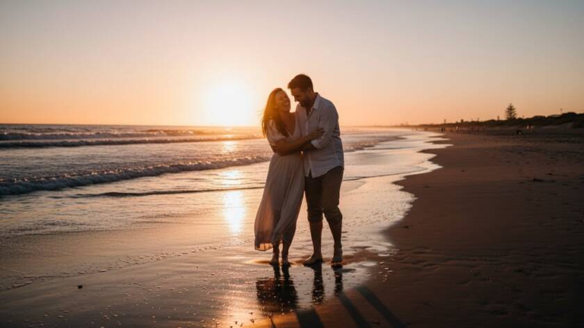 A breathtaking close-up of a young couple laughing genuinely during authentic candid beach photography Chelsea Victoria, silhouetted against a dramatic sunset at Chelsea Beach, capturing pure joy and connection.
