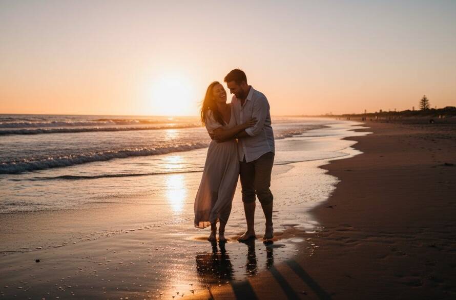 A breathtaking close-up of a young couple laughing genuinely during authentic candid beach photography Chelsea Victoria, silhouetted against a dramatic sunset at Chelsea Beach, capturing pure joy and connection.