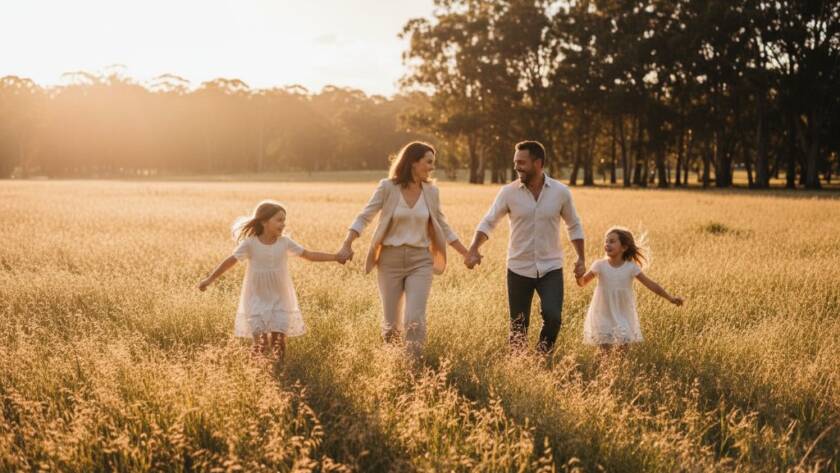 An authentic candid family moments Doncaster photography capturing a joyful family of four running through the blossoming cherry trees at Ruffey Lake Park during golden hour, their laughter echoing, professionally colour-graded with dramatic backlighting.