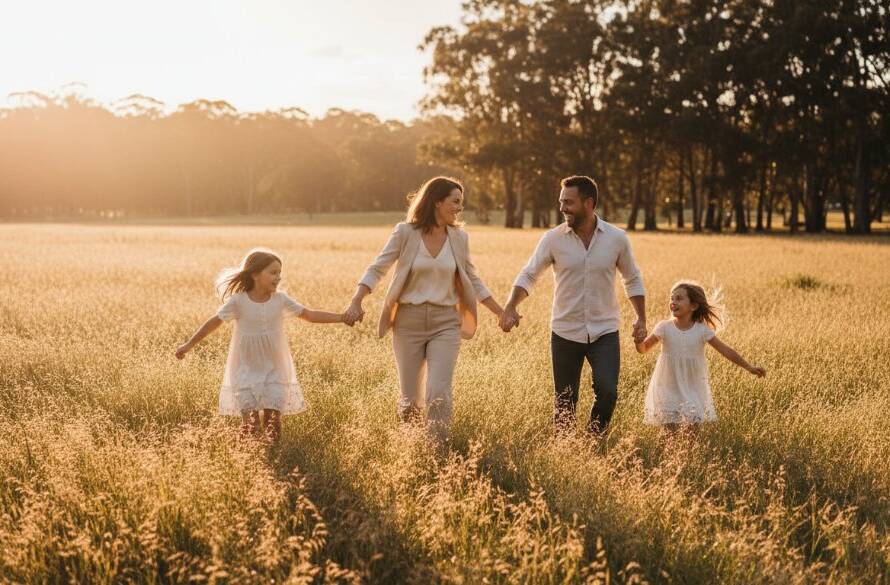 An authentic candid family moments Doncaster photography capturing a joyful family of four running through the blossoming cherry trees at Ruffey Lake Park during golden hour, their laughter echoing, professionally colour-graded with dramatic backlighting.