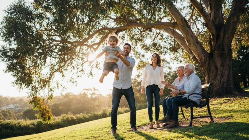 An authentic candid family moments Hillside Victoria photograph, showcasing a family laughing joyously together in a sun-drenched park, children running towards parents, captured with professional cinematic lighting and vibrant colours.