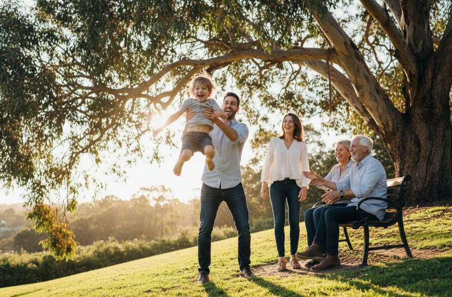An authentic candid family moments Hillside Victoria photograph, showcasing a family laughing joyously together in a sun-drenched park, children running towards parents, captured with professional cinematic lighting and vibrant colours.