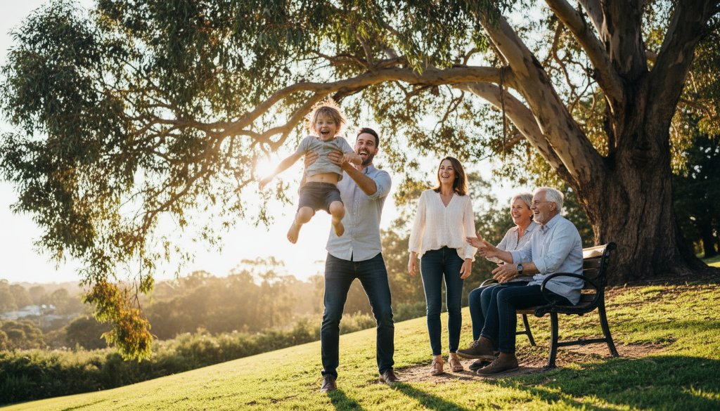 An authentic candid family moments Hillside Victoria photograph, showcasing a family laughing joyously together in a sun-drenched park, children running towards parents, captured with professional cinematic lighting and vibrant colours.