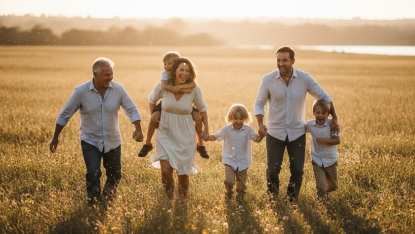 A heartwarming and dramatic candid photograph of a family laughing and embracing by the Barwon River in Belmont, Victoria, bathed in golden hour light, showcasing authentic candid family photography Belmont Victoria. The parents are playfully swinging their child, faces filled with joy, against a softly blurred natural backdrop with professional colour grading.
