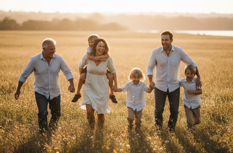 A heartwarming and dramatic candid photograph of a family laughing and embracing by the Barwon River in Belmont, Victoria, bathed in golden hour light, showcasing authentic candid family photography Belmont Victoria. The parents are playfully swinging their child, faces filled with joy, against a softly blurred natural backdrop with professional colour grading.
