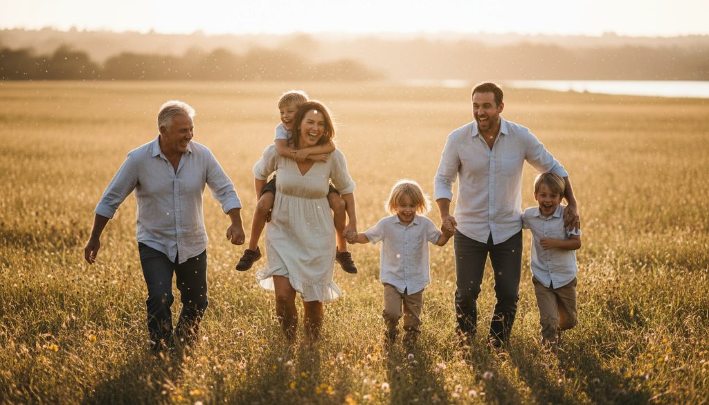 A heartwarming and dramatic candid photograph of a family laughing and embracing by the Barwon River in Belmont, Victoria, bathed in golden hour light, showcasing authentic candid family photography Belmont Victoria. The parents are playfully swinging their child, faces filled with joy, against a softly blurred natural backdrop with professional colour grading.