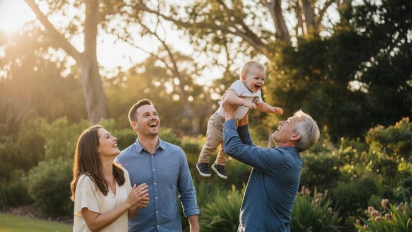 An authentic candid family photography Canterbury Victoria moment, featuring parents laughing joyfully with their young child amidst the golden afternoon light of a lush park, capturing pure, unposed connection.