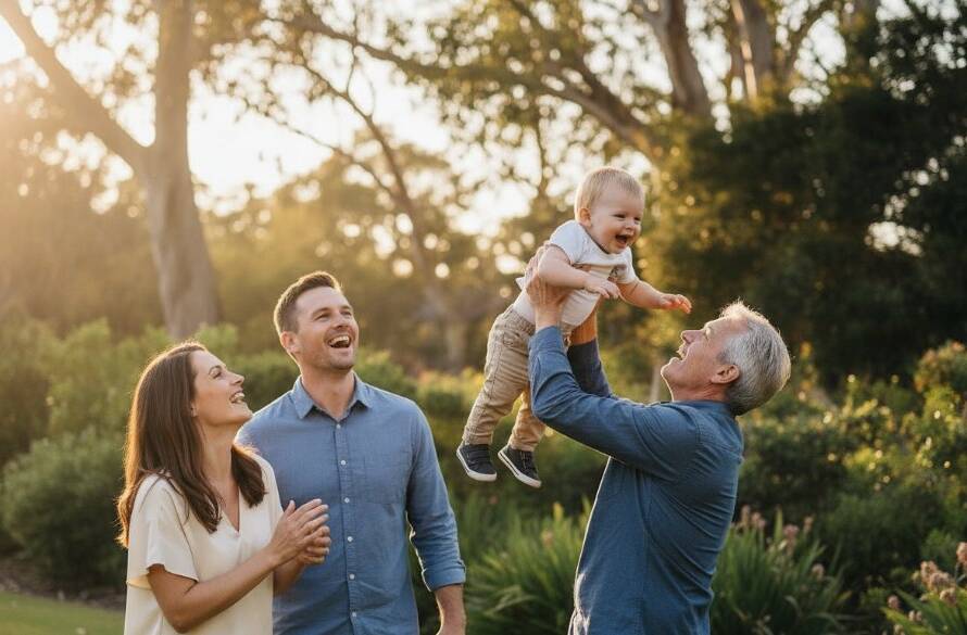 An authentic candid family photography Canterbury Victoria moment, featuring parents laughing joyfully with their young child amidst the golden afternoon light of a lush park, capturing pure, unposed connection.