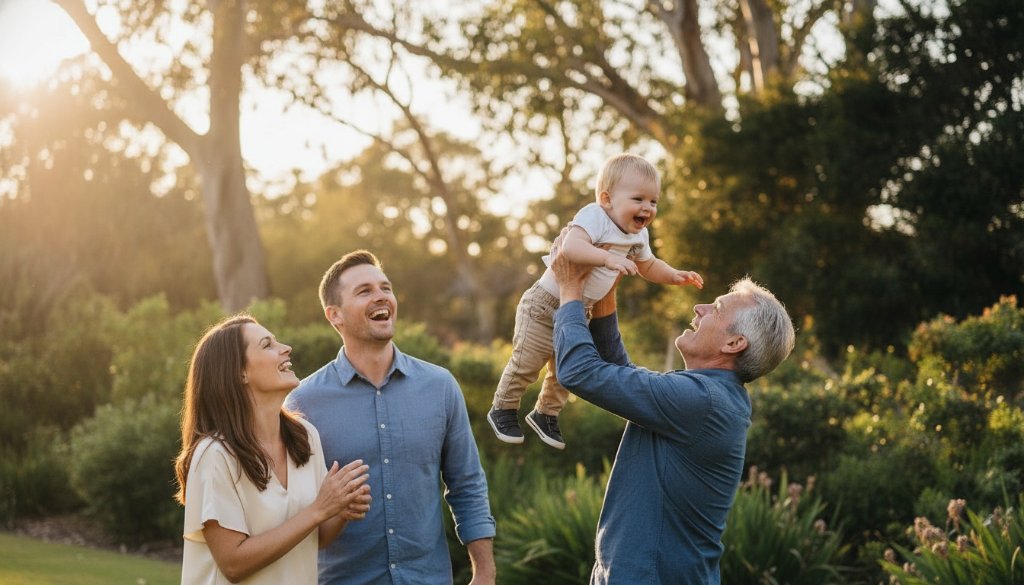 An authentic candid family photography Canterbury Victoria moment, featuring parents laughing joyfully with their young child amidst the golden afternoon light of a lush park, capturing pure, unposed connection.