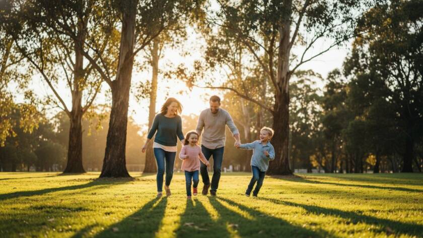 An 'epic moment' photograph showcasing authentic candid family photography Heatherdale Victoria, featuring a family laughing joyfully under dappled sunlight in a lush park, captured with professional color grading and dramatic lighting.
