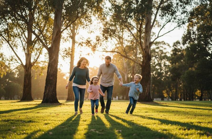 An 'epic moment' photograph showcasing authentic candid family photography Heatherdale Victoria, featuring a family laughing joyfully under dappled sunlight in a lush park, captured with professional color grading and dramatic lighting.