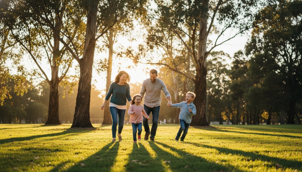 An 'epic moment' photograph showcasing authentic candid family photography Heatherdale Victoria, featuring a family laughing joyfully under dappled sunlight in a lush park, captured with professional color grading and dramatic lighting.