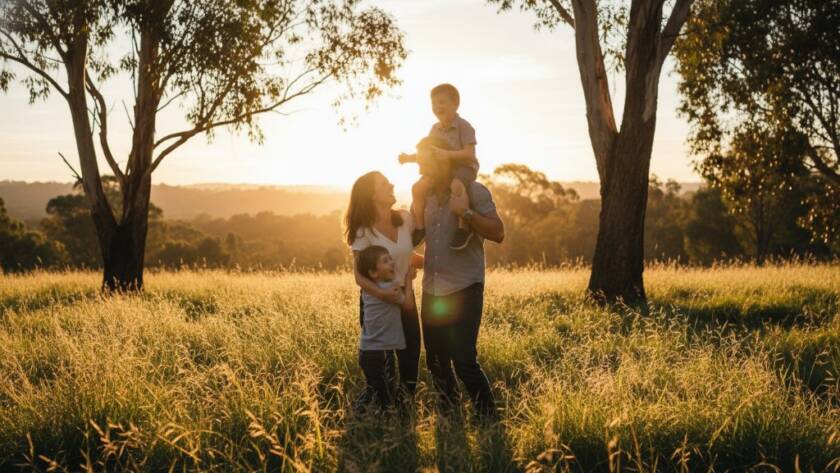 A heartwarming, sun-drenched scene of authentic candid family photography Heathmont, showing a family laughing and embracing by the Heathmont Reserve, with golden hour light silhouetting their joyful interaction against lush greenery.
