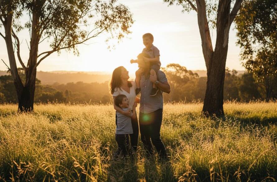 A heartwarming, sun-drenched scene of authentic candid family photography Heathmont, showing a family laughing and embracing by the Heathmont Reserve, with golden hour light silhouetting their joyful interaction against lush greenery.