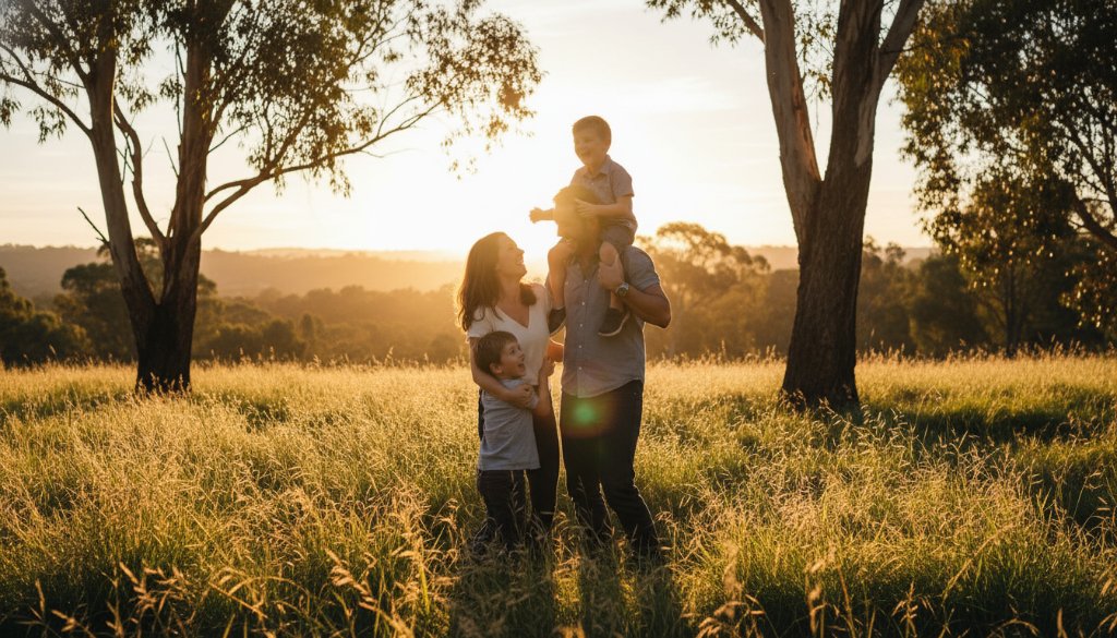 A heartwarming, sun-drenched scene of authentic candid family photography Heathmont, showing a family laughing and embracing by the Heathmont Reserve, with golden hour light silhouetting their joyful interaction against lush greenery.