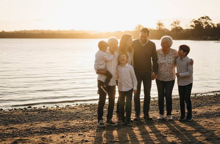 An authentic candid family photography Manor Lakes moment, showcasing a family laughing joyously by the lakeside at sunset, capturing genuine connection with warm, dramatic lighting and professional colour grading.
