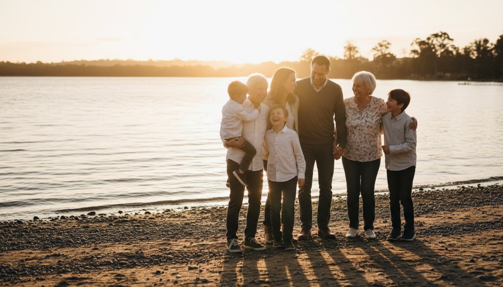 An authentic candid family photography Manor Lakes moment, showcasing a family laughing joyously by the lakeside at sunset, capturing genuine connection with warm, dramatic lighting and professional colour grading.